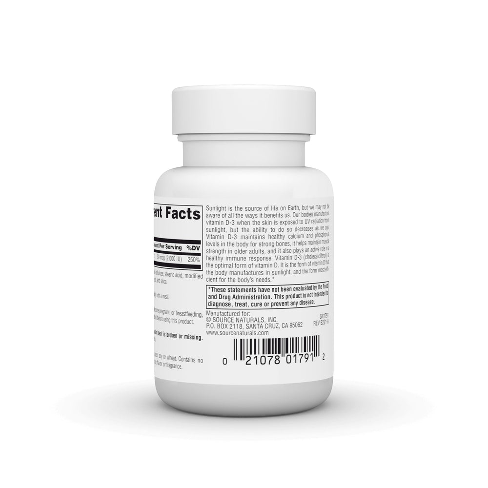 Source Naturals Vitamin D-3 1000 IU label close-up highlighting dosage and ingredients.