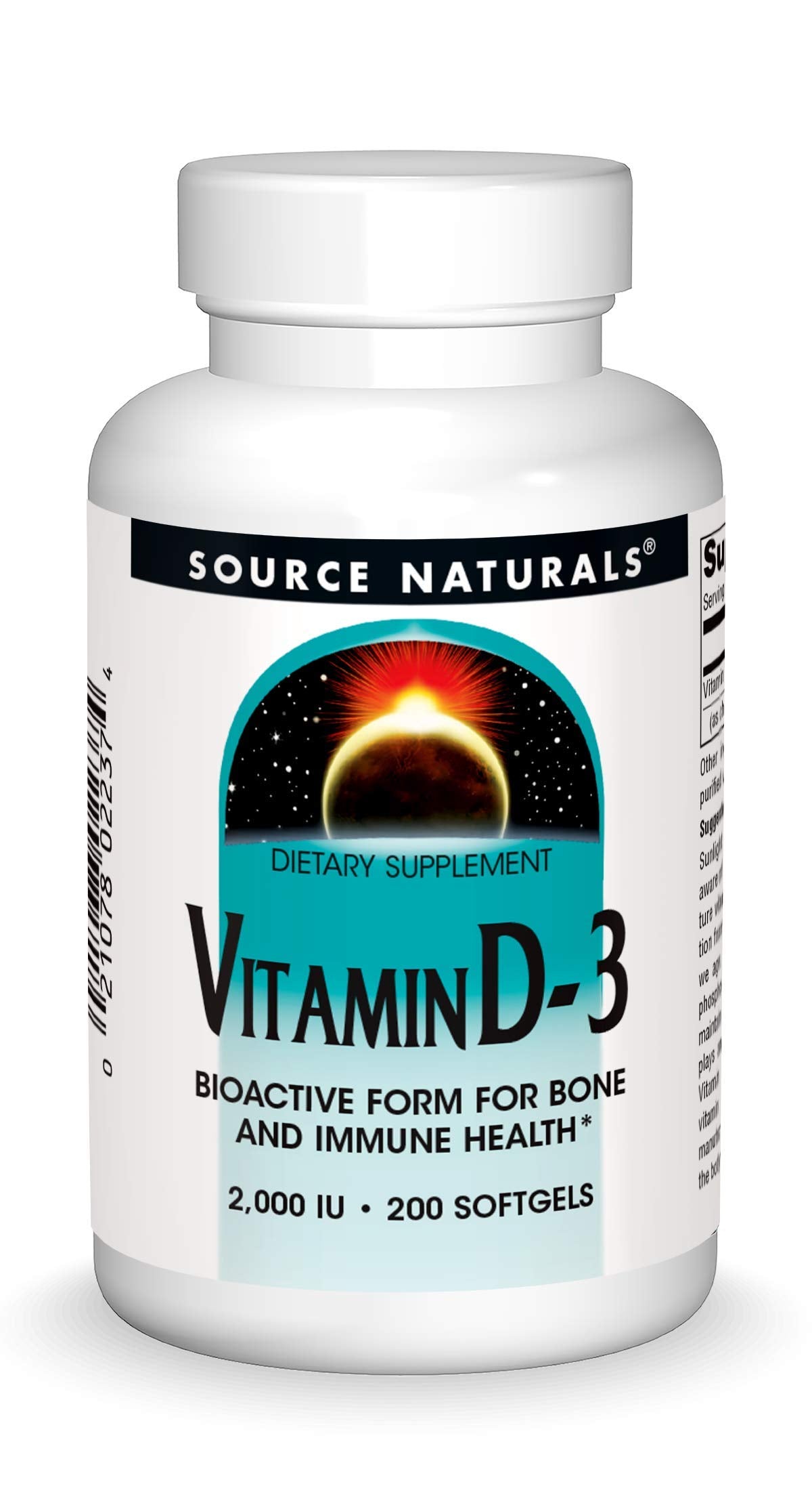Source Naturals Vitamin D-3 2000 IU bottle with softgels for bone and immune support.