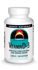 Source Naturals Vitamin D-3 2000 IU bottle with softgels for bone and immune support.