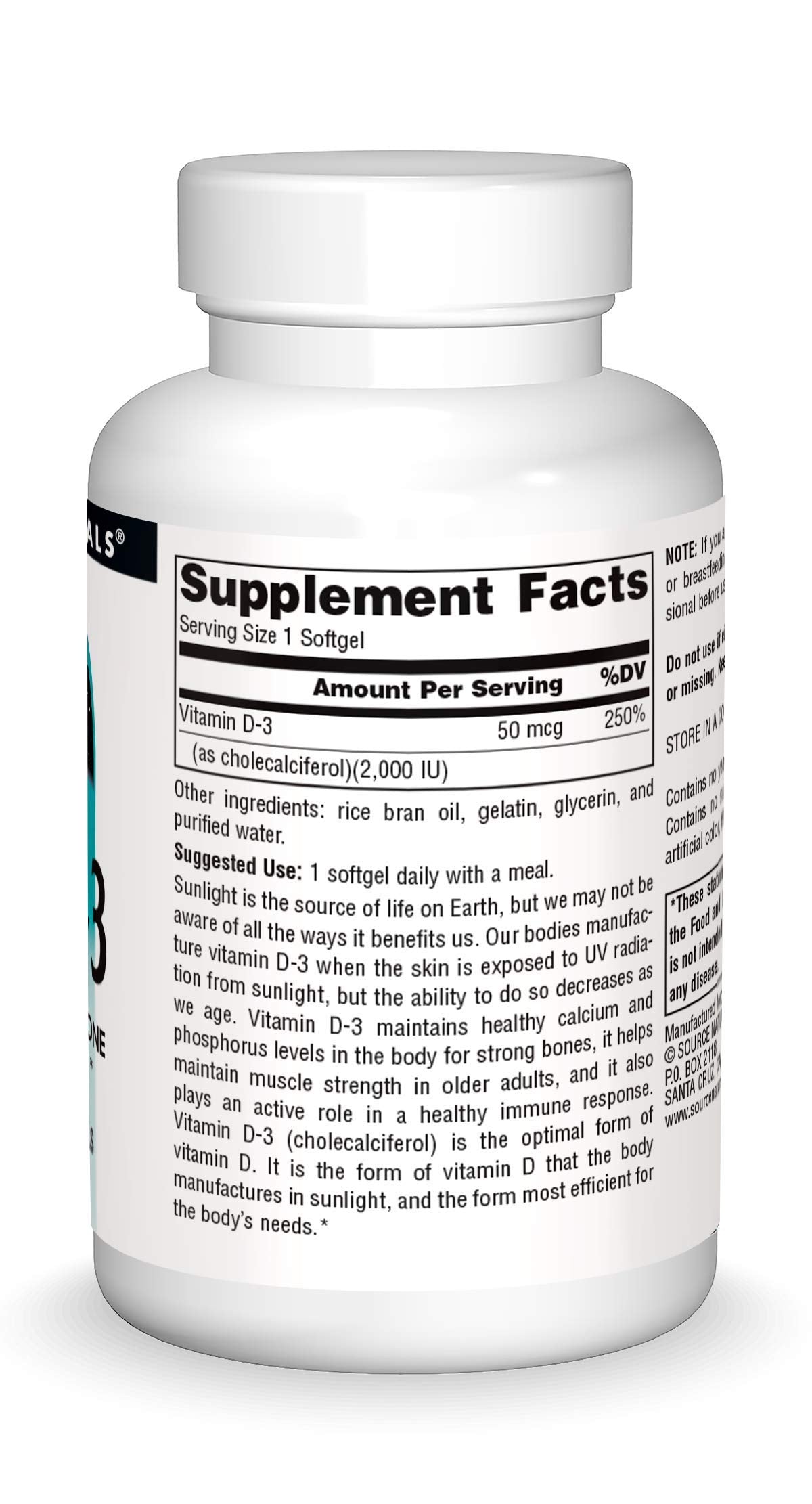 Bottle tilting to pour Source Naturals Vitamin D-3 softgels for daily use.