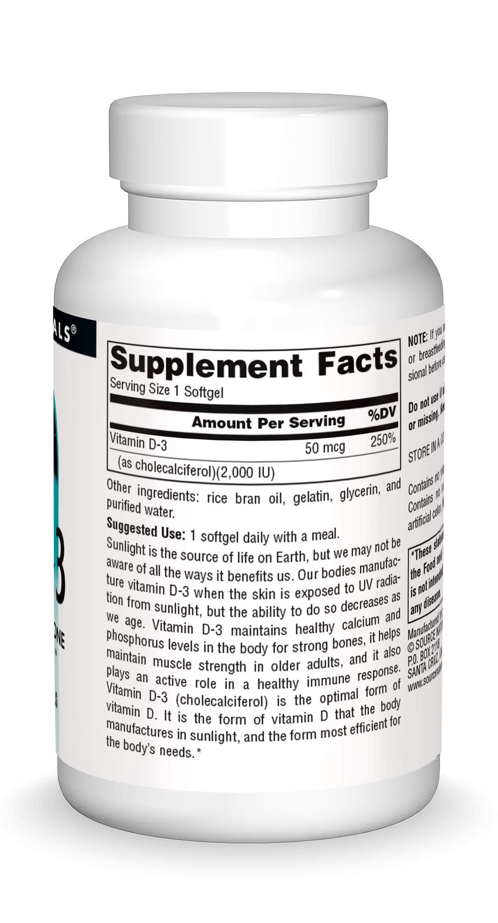 Bottle tilting to pour Source Naturals Vitamin D-3 softgels for daily use.