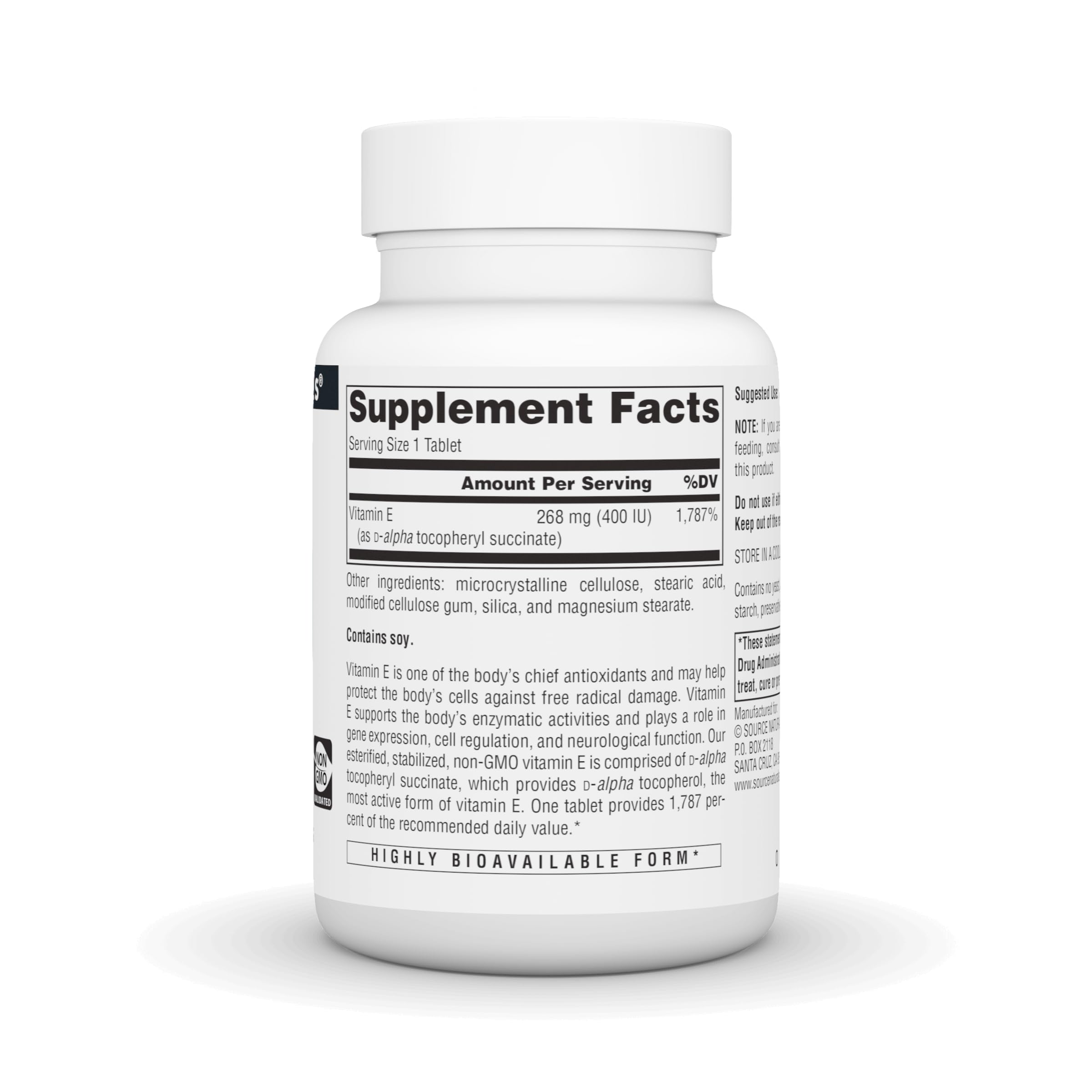 Source Naturals Vitamin E bottle front view with logo and dosage
