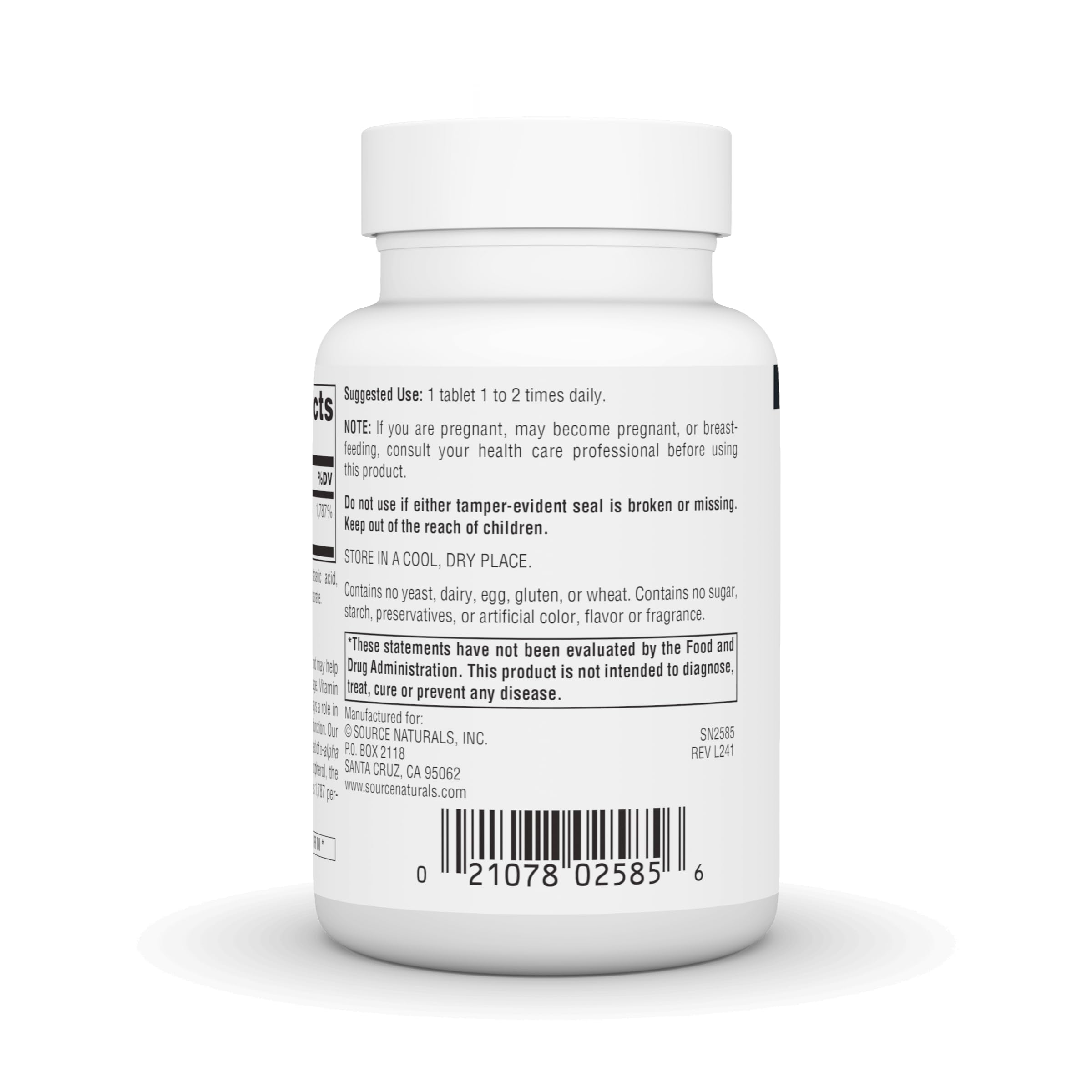 Source Naturals Vitamin E bottle side panel with usage directions