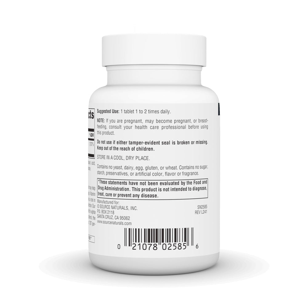 Source Naturals Vitamin E bottle side panel with usage directions
