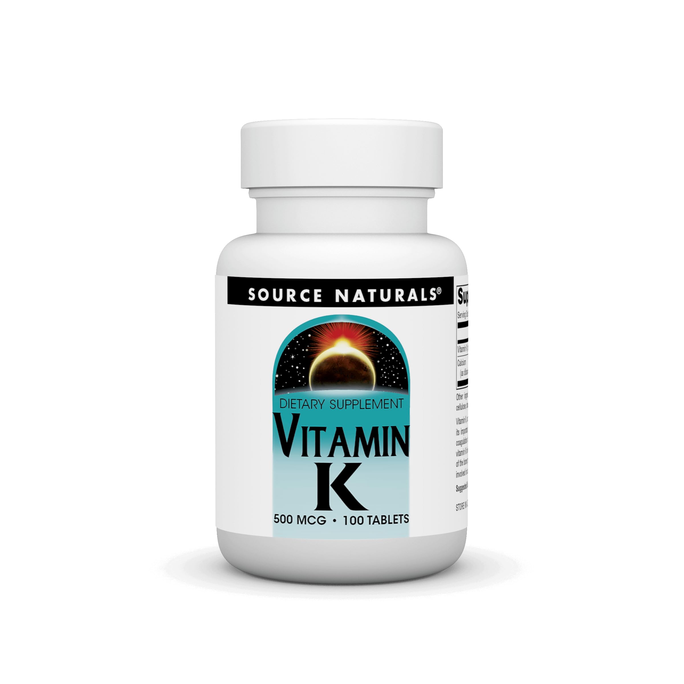 Source Naturals Vitamin K 500 mcg bottle; tablets ready for daily supplementation