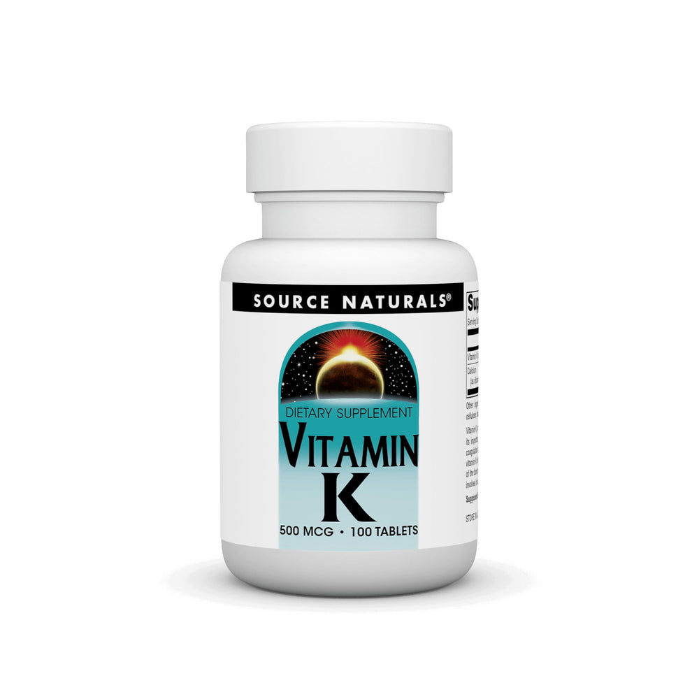Source Naturals Vitamin K 500 mcg bottle; tablets ready for daily supplementation