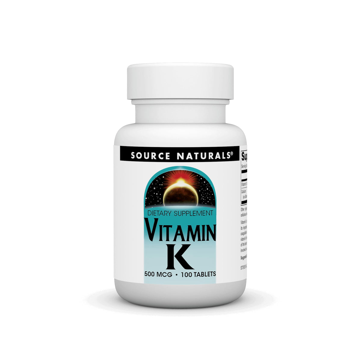 Source Naturals Vitamin K 500 mcg bottle; tablets ready for daily supplementation
