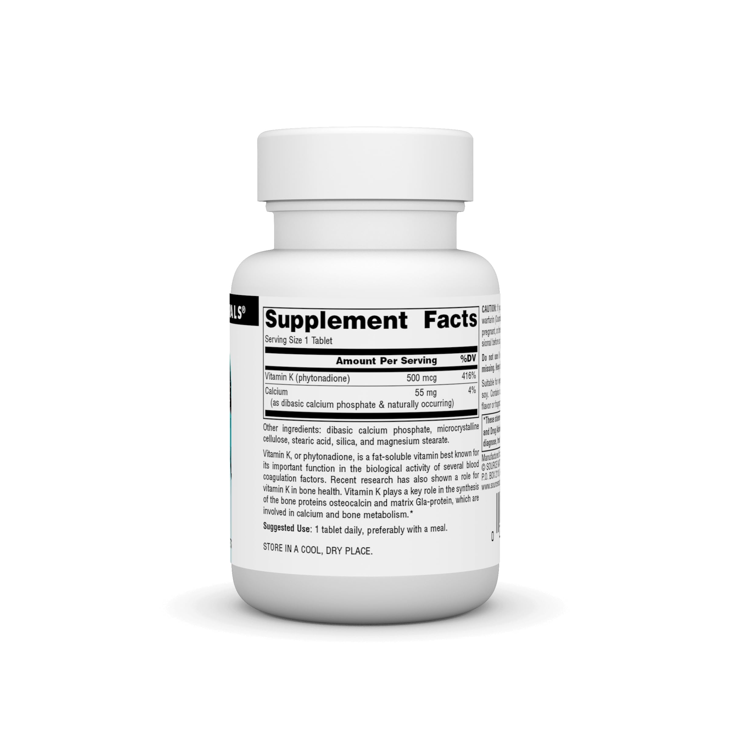 Source Naturals Vitamin K-500 mcg label close-up shows dosage for daily use