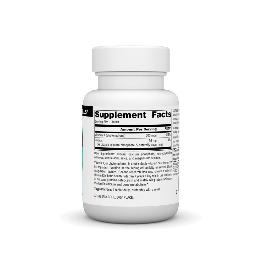Source Naturals Vitamin K-500 mcg label close-up shows dosage for daily use