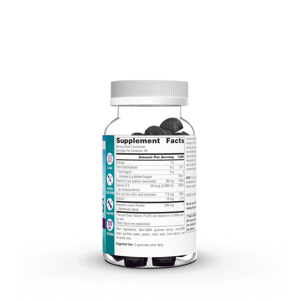 Close-up of Source Naturals Elderberry Gummies label highlighting antioxidant benefits