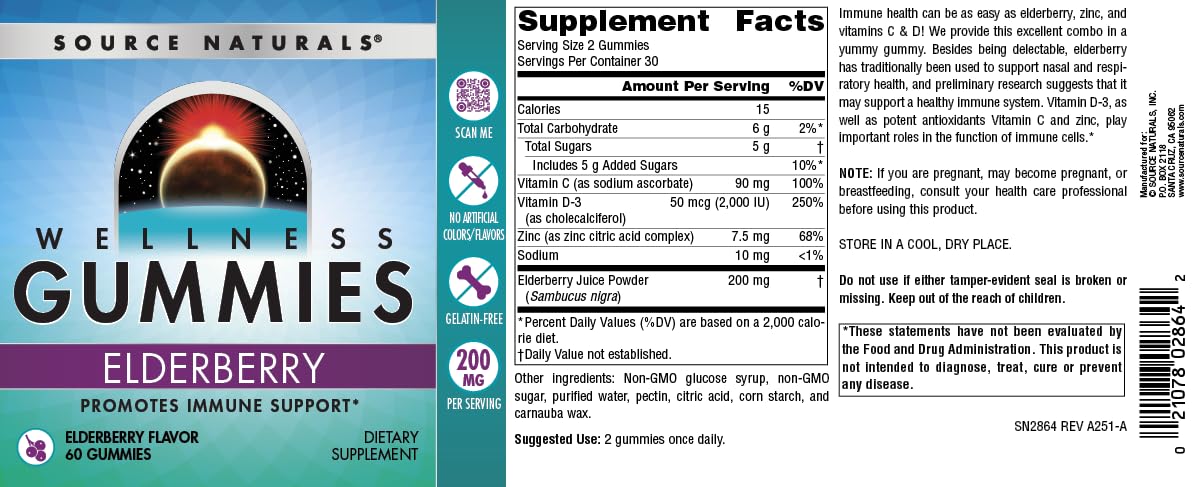 Vitamin D inclusion noted on the Source Naturals Elderberry Gummies label