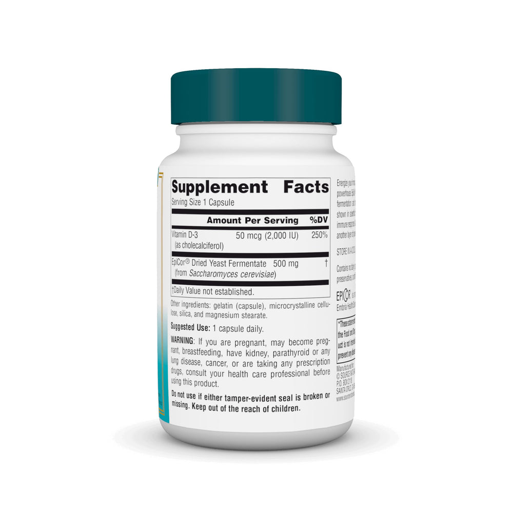 Source Naturals EpiCor D3 capsules closeup highlighting convenient daily supplementation.