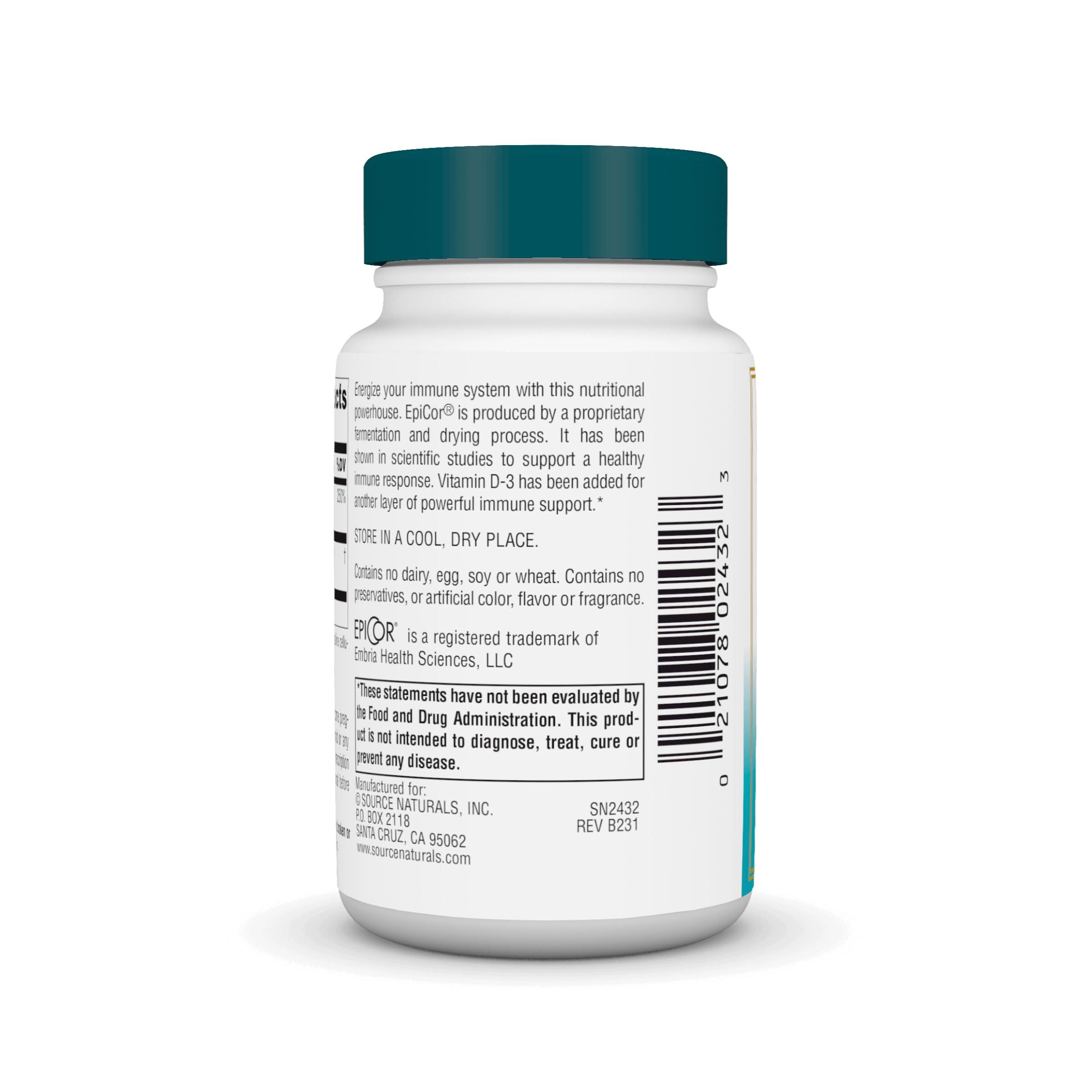 Source Naturals Wellness EpiCor D3 label detail emphasizing fermentation-based immune support.
