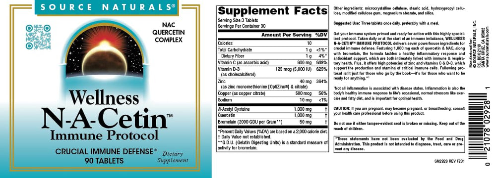 Source Naturals Wellness N-A-Cetin Immune Protocol tablets close-up emphasizing daily dosage.