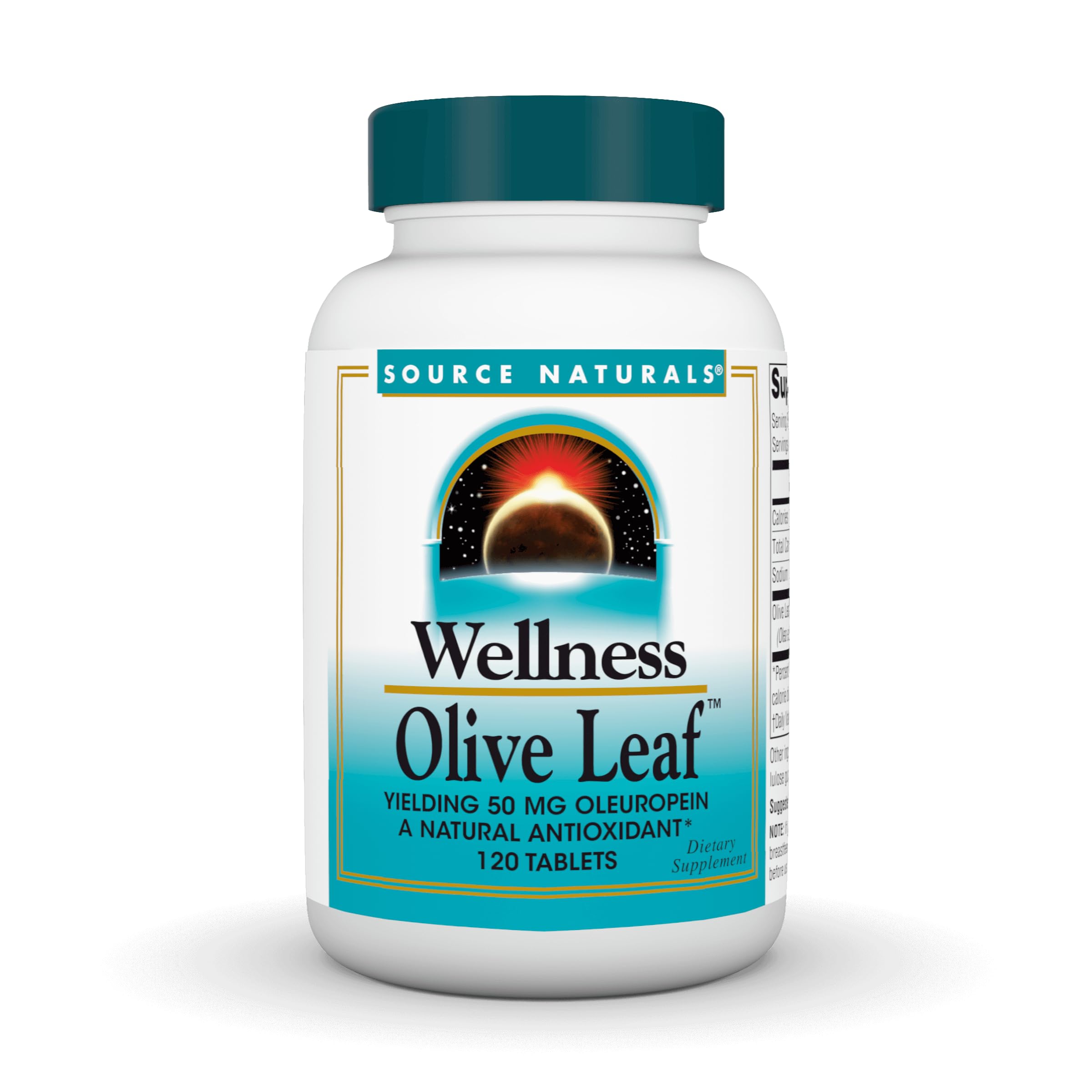 Source Naturals Wellness Olive Leaf bottle front with label signaling natural antioxidant support.