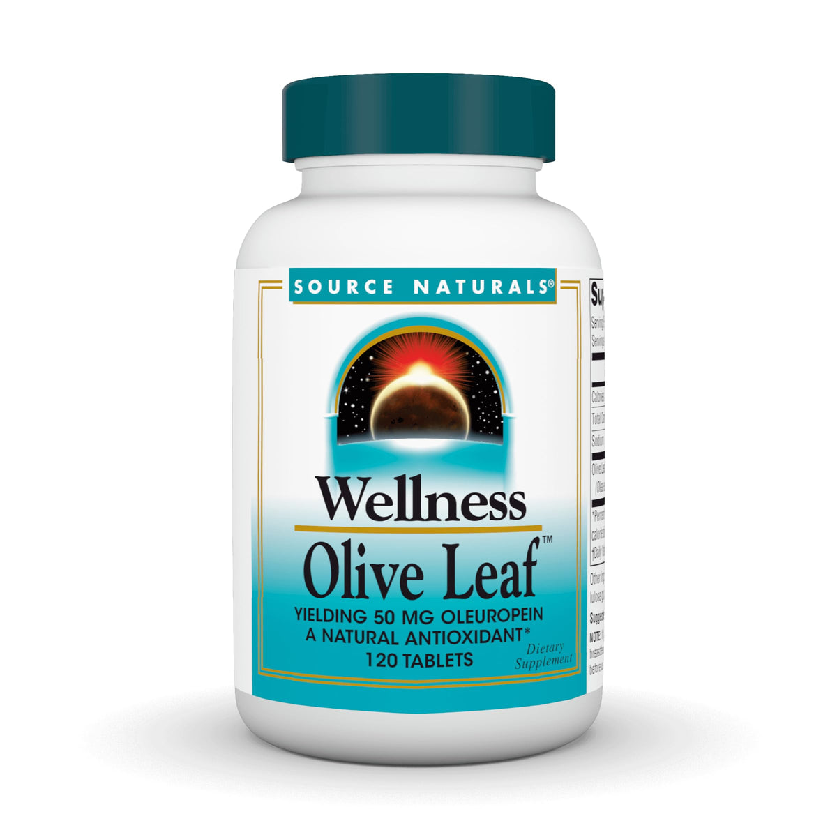 Source Naturals Wellness Olive Leaf bottle front with label signaling natural antioxidant support.