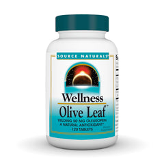 Source Naturals Wellness Olive Leaf bottle front with label signaling natural antioxidant support.