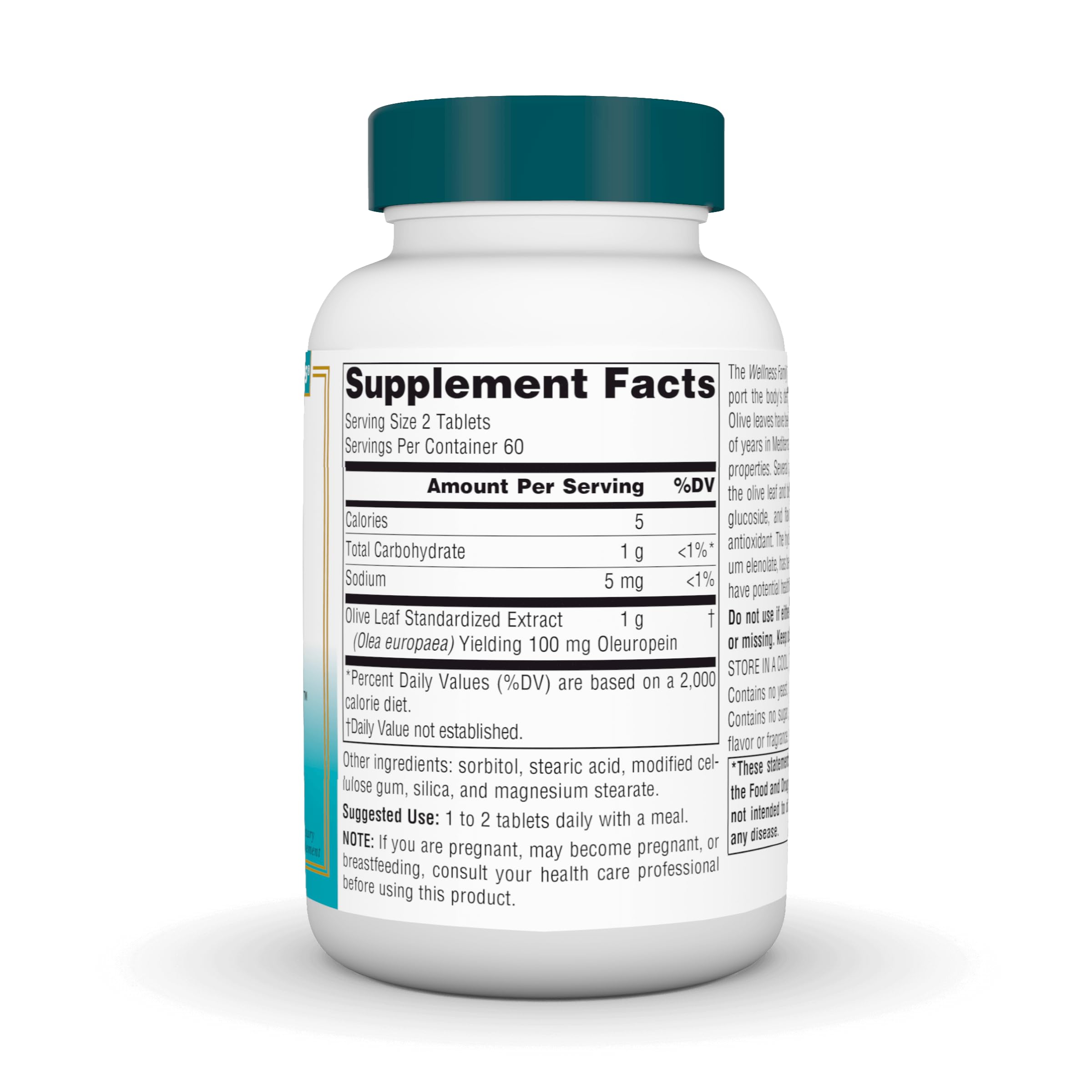 Source Naturals Wellness Olive Leaf bottle side showing tablet form for daily use.