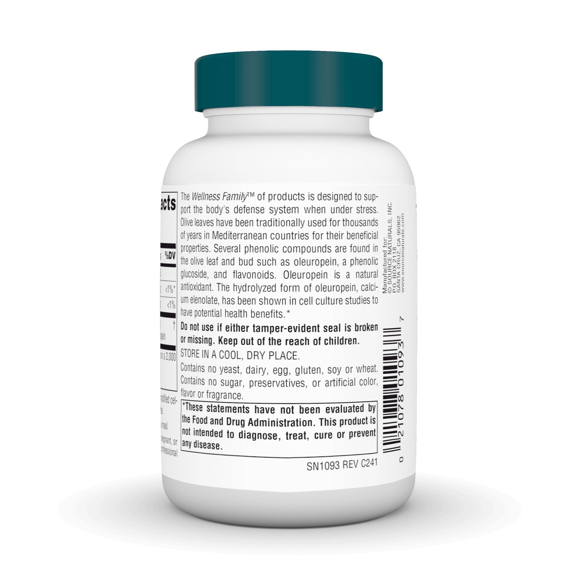 Source Naturals Wellness Olive Leaf tablets closeup highlighting small, easy-to-swallow capsules.