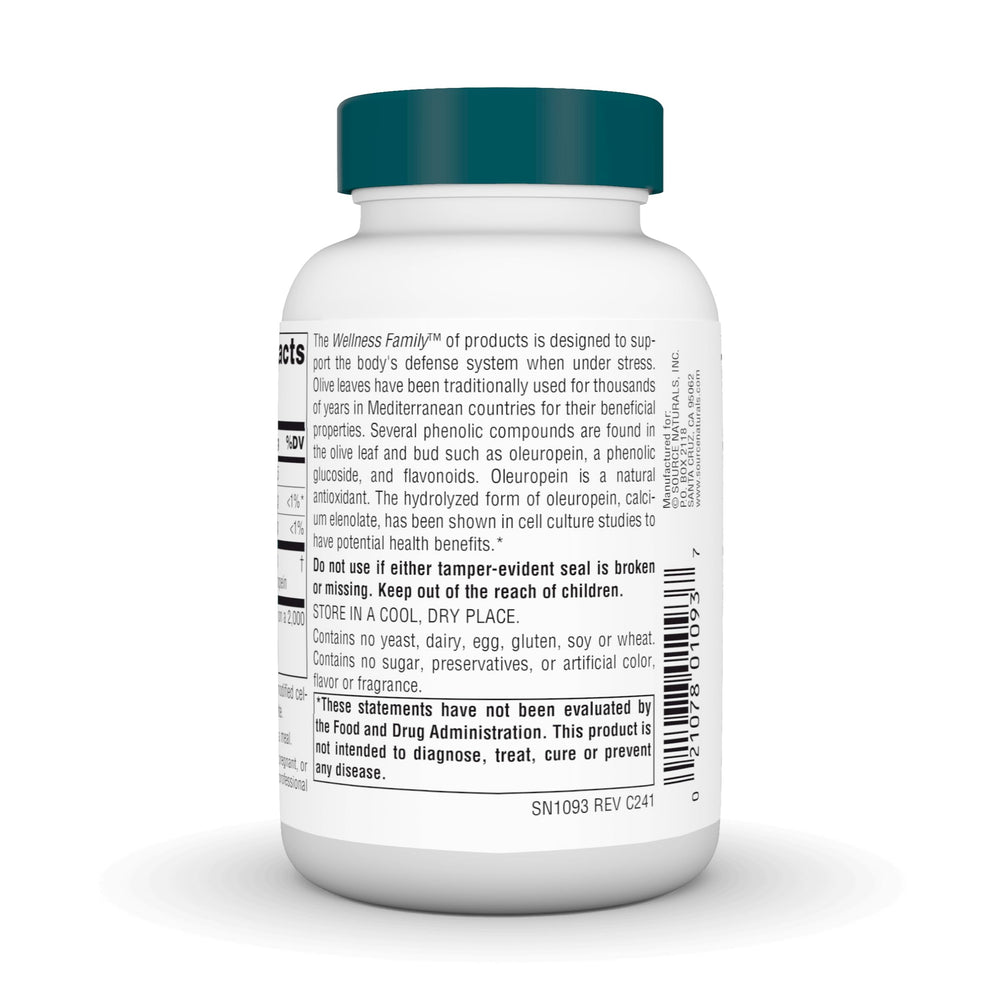 Source Naturals Wellness Olive Leaf tablets closeup highlighting small, easy-to-swallow capsules.
