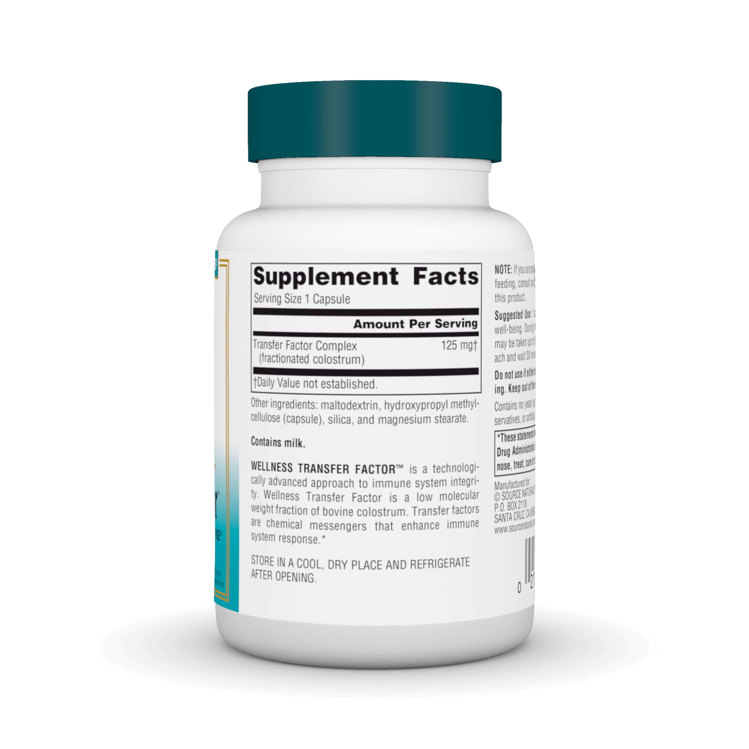 Source Naturals Wellness Transfer Factor capsules close-up showing 125 mg serving for daily wellness