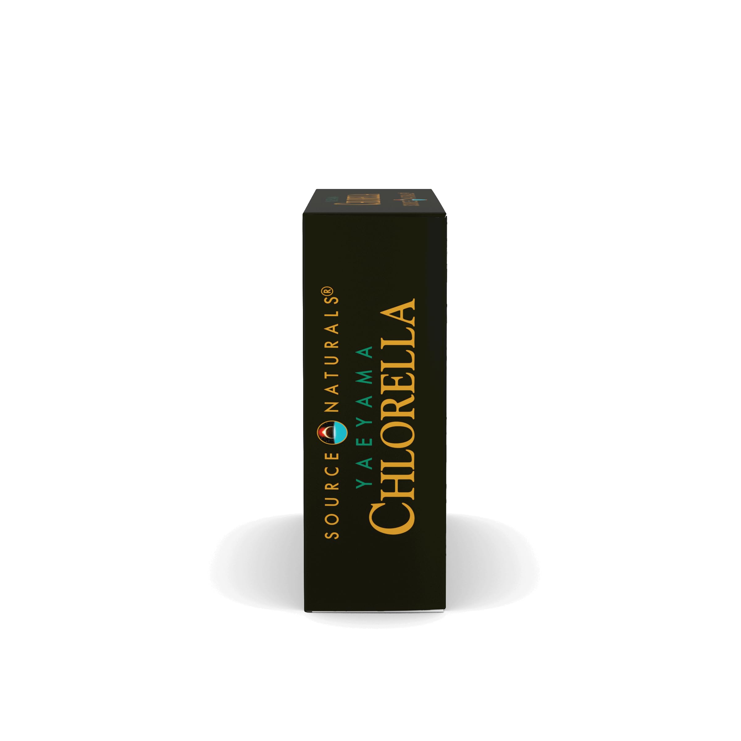 Yaeyama Chlorella box label close-up shows vegan-friendly formula.