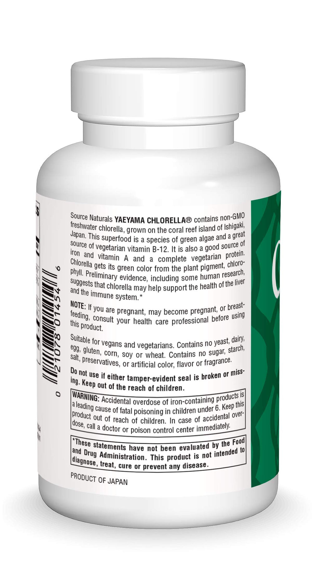 Source Naturals Yaeyama Chlorella label details highlighting vegan-friendly ingredients.