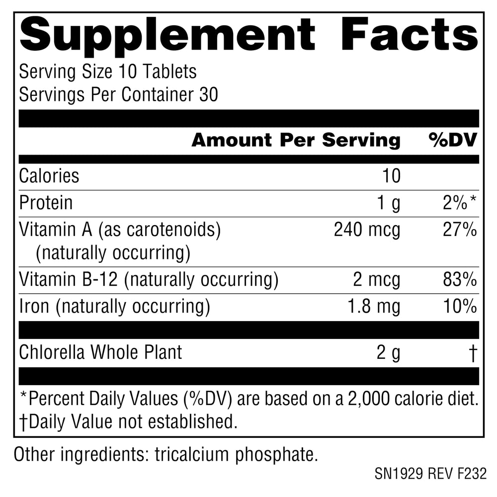 Source Naturals Yaeyama Chlorella made in USA badge on label signals quality.