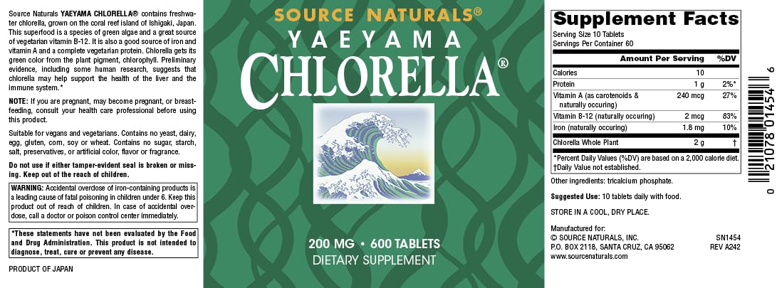 Source Naturals Yaeyama Chlorella USA manufacturing badge indicating quality control.