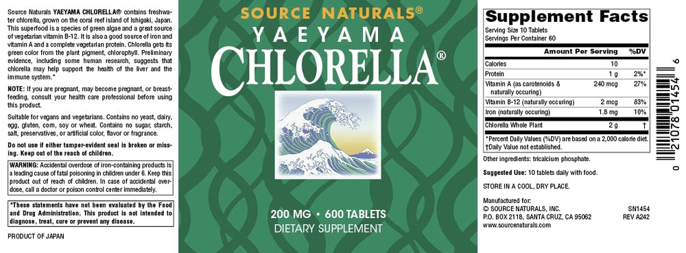 Source Naturals Yaeyama Chlorella USA manufacturing badge indicating quality control.