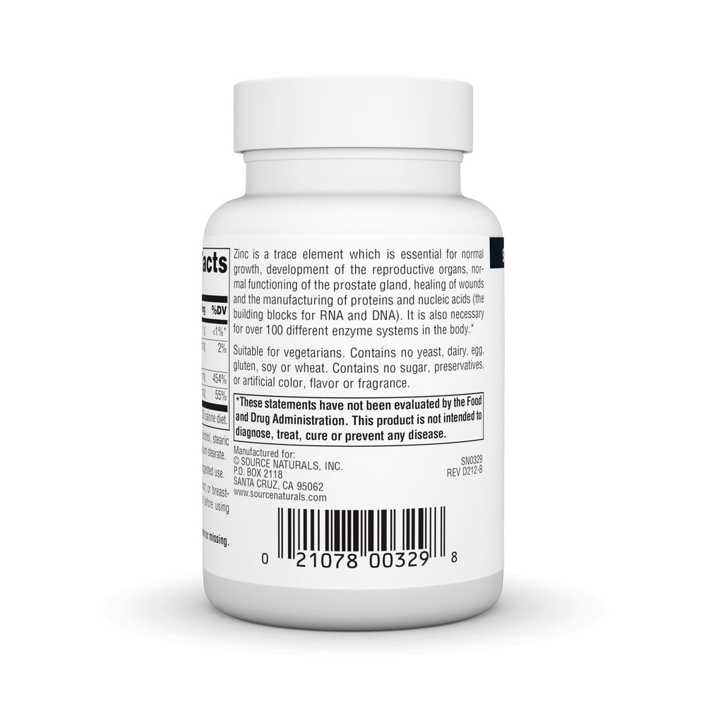 Close-up of Source Naturals zinc amino acid chelate label with product details.