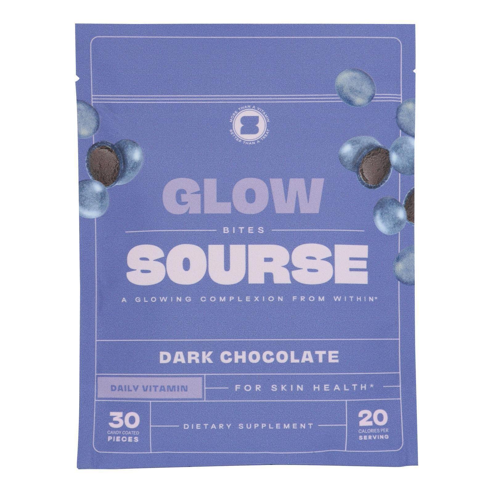 Sourse Dark Chocolate Glow Bites package showing vegan, gluten-free snack option
