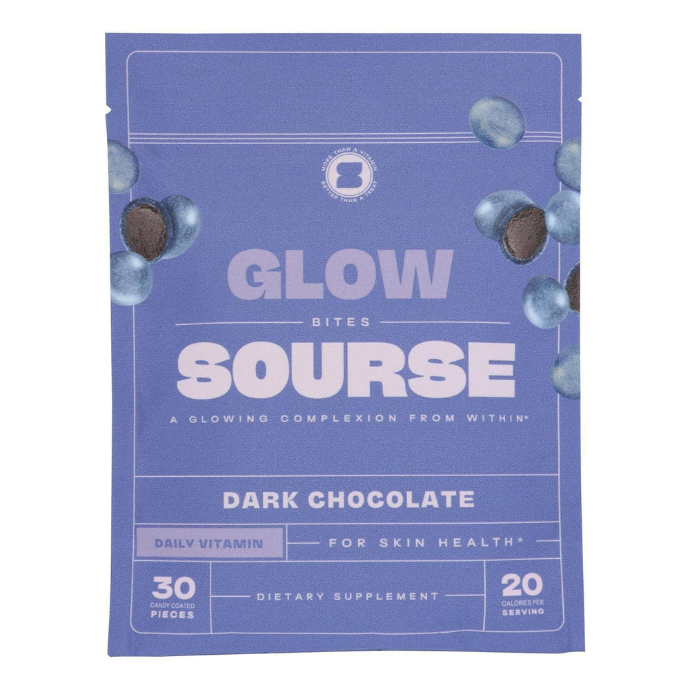 Sourse Dark Chocolate Glow Bites package showing vegan, gluten-free snack option