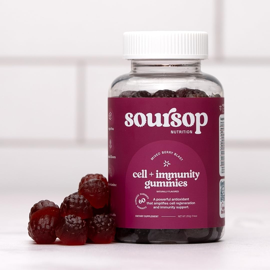Soursop Nutrition Soursop Graviola Gummies packaging display highlights product origin and satisfaction guarantee.