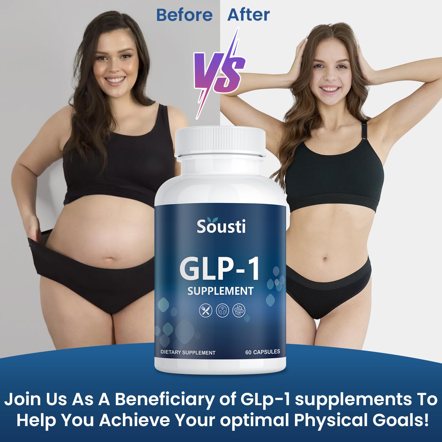 Sousti GLP-1 supplement bottle before meals usage reminder