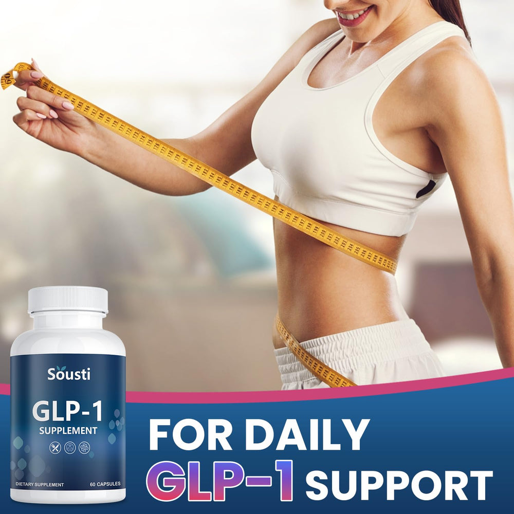 Sousti GLP-1 supplement packaging beside a healthy snack illustrating use before eating