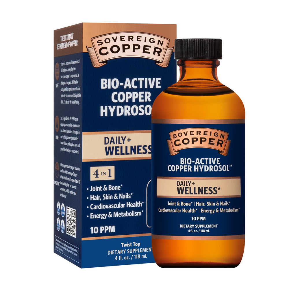 Sovereign Copper Hydrosol bottle pour shows bioavailable copper for daily wellness.