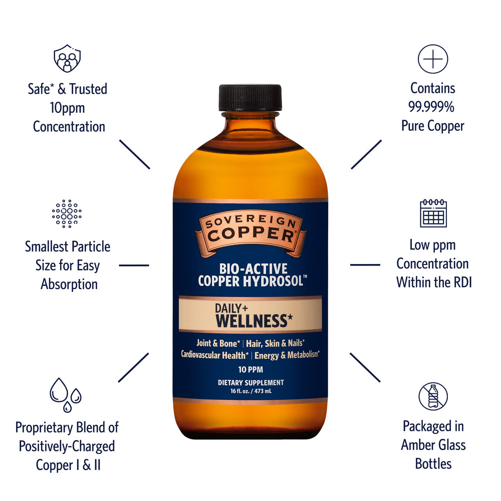 Sovereign Copper Hydrosol in a glass bottle emphasizes purity and packaging.
