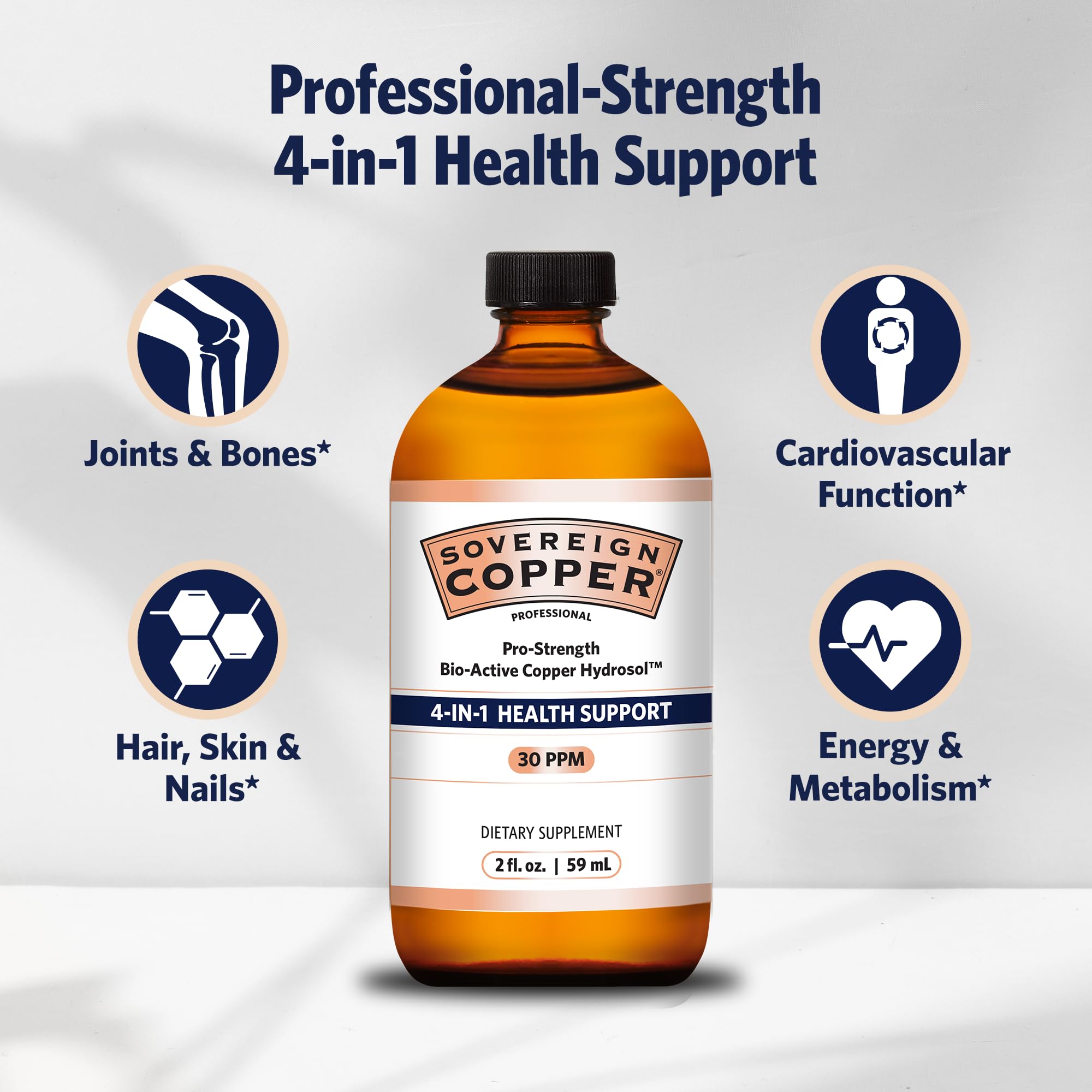 Sovereign Copper Pro-Strength label close-up highlighting copper content and purity.