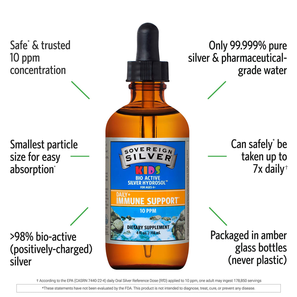 Close-up of 10 ppm colloidal silver drops designed for safe use in kids over four.