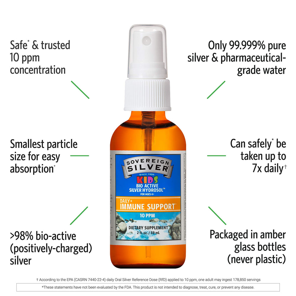 Sovereign Silver bio-active silver hydrosol 10ppm bottle for gentle absorption.