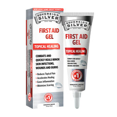 Sovereign Silver First Aid Gel bottle front highlights easy pump for fast, gentle wound care