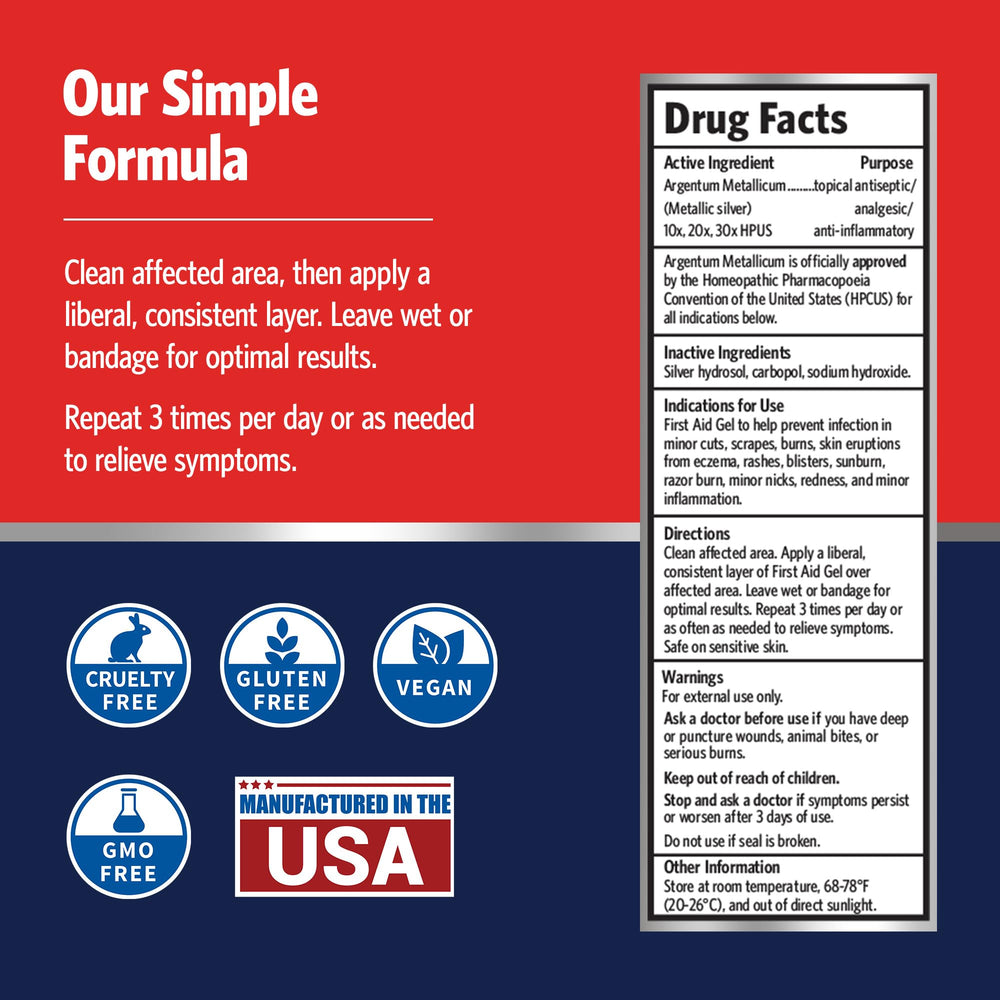 Sovereign Silver First Aid Gel label detail highlights argentum metallicum use and safety notes