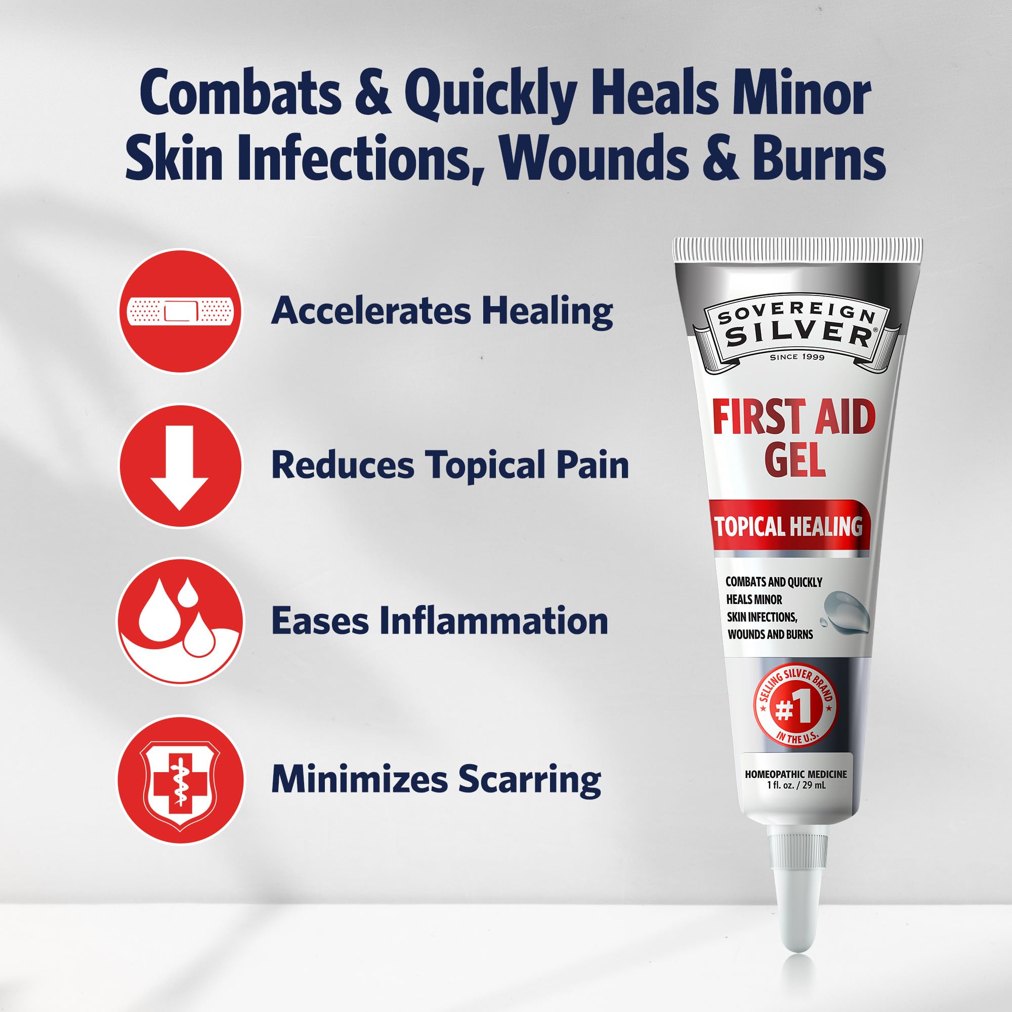 Sovereign Silver First Aid Gel pump-top image emphasizes mess-free application and quick soothing