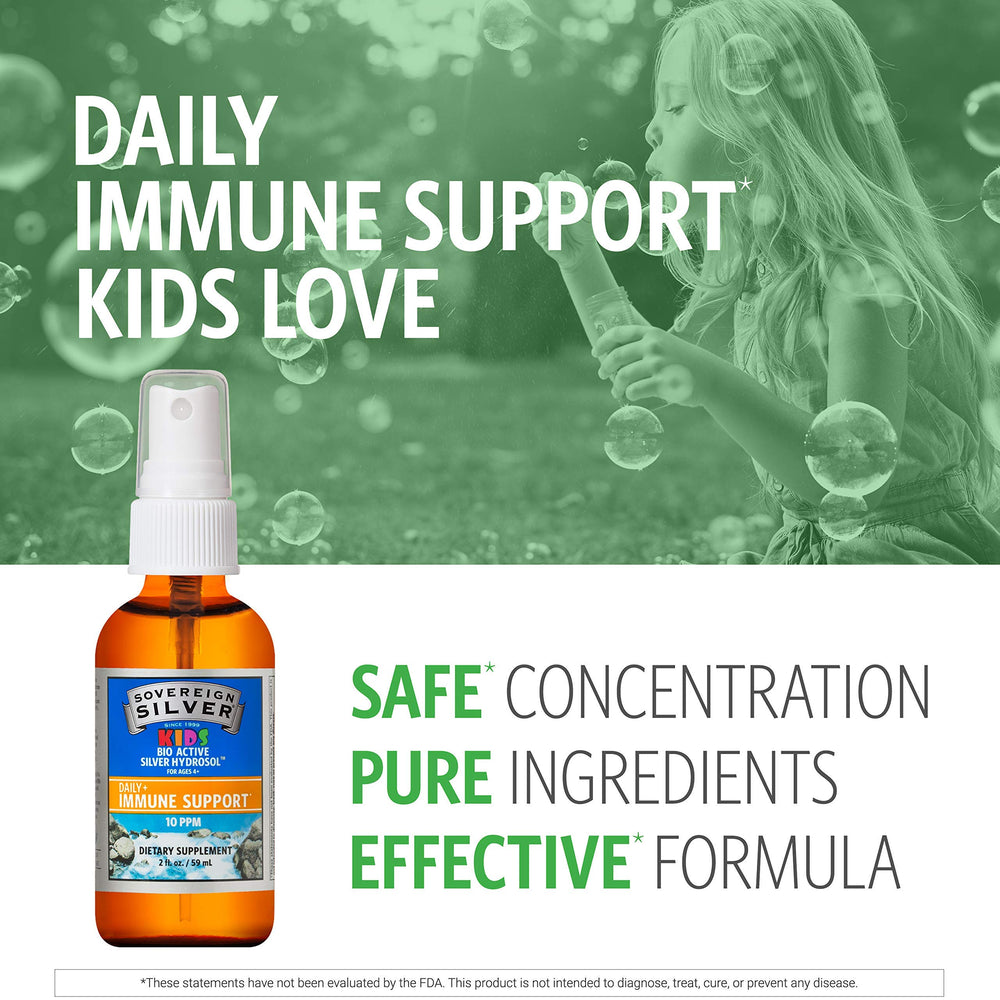 Sovereign Silver Kids immune spray mist showing kid-friendly application.