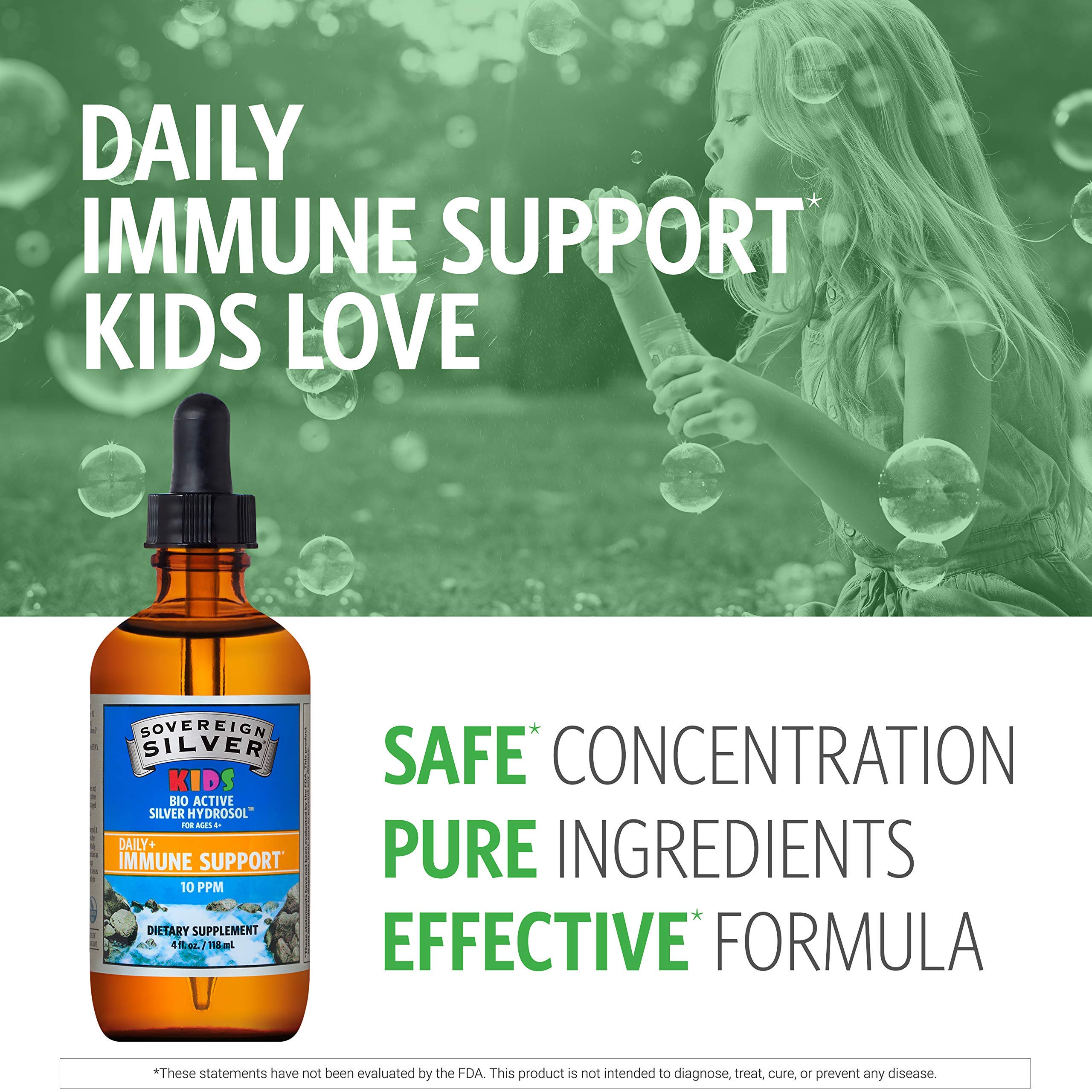 Sovereign Silver Kids Immune Support amber bottle showing purity and safety for children.