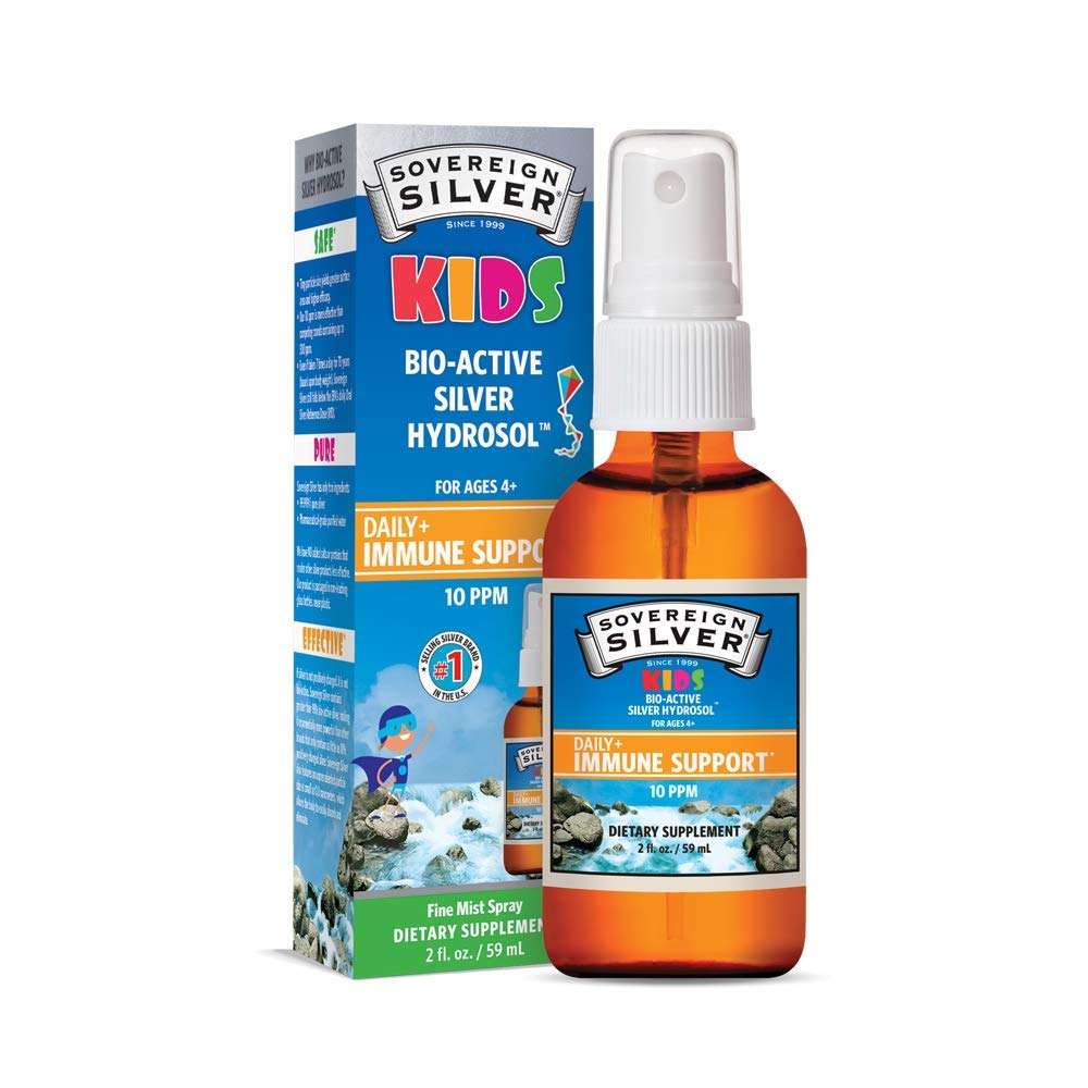 Sovereign Silver Kids immune support bottle for easy daily dosing.