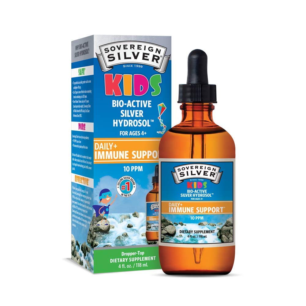 Sovereign Silver Kids Immune Support drops in a clear bottle for easy weight-based dosing.