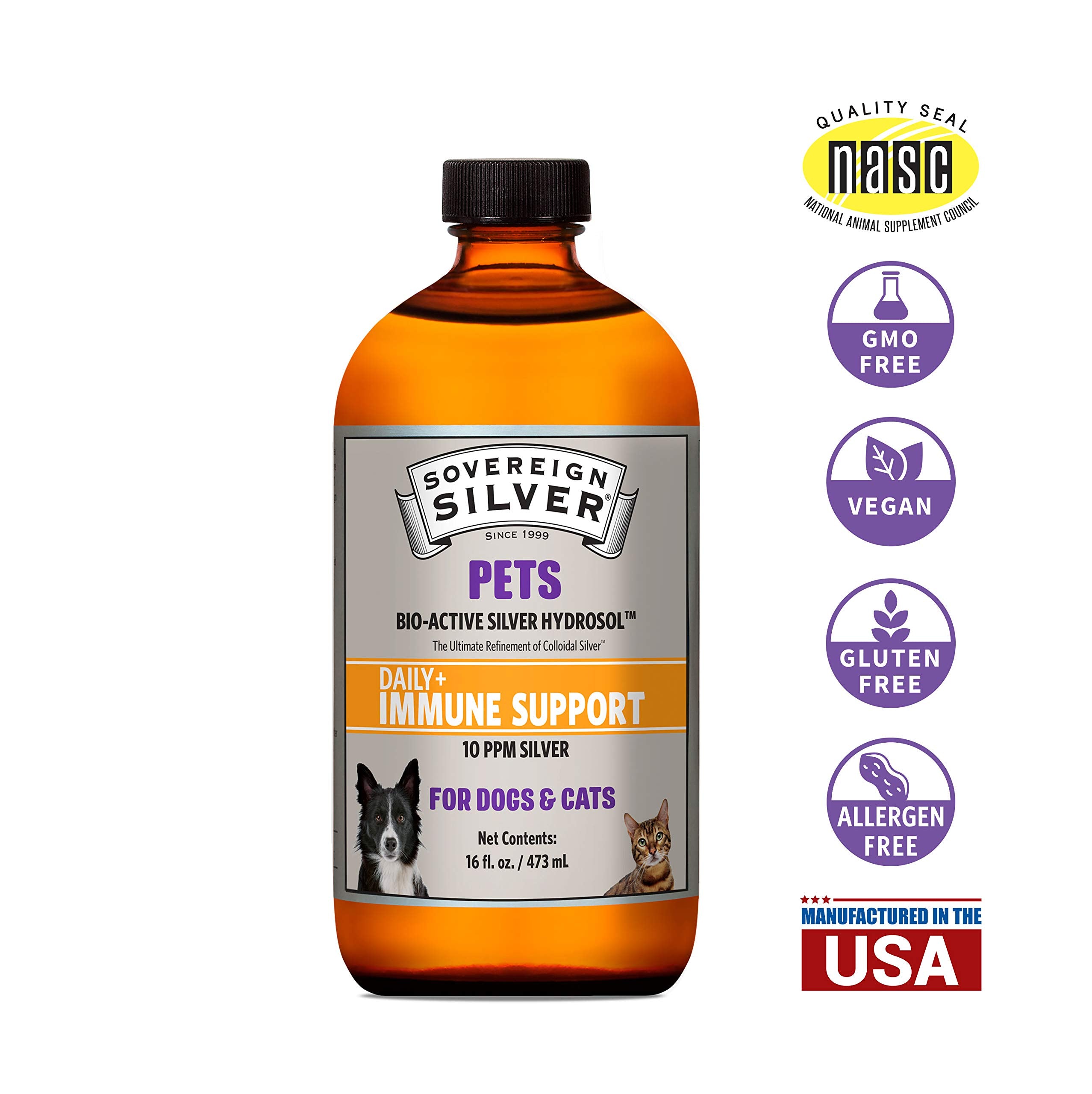 Amber glass Sovereign Silver Pets Immune Support bottle preserves purity for pets.