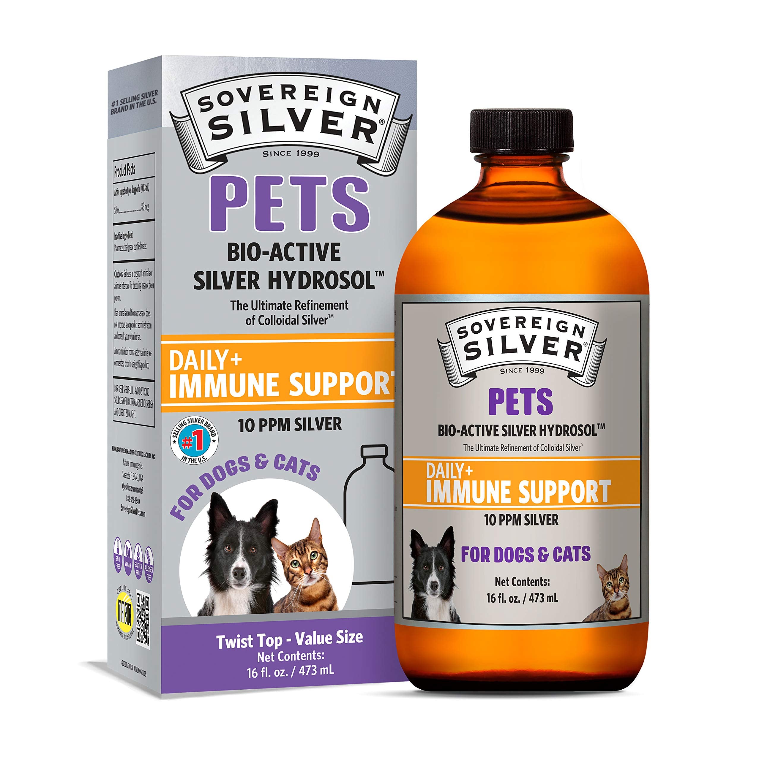 Sovereign Silver Pets Immune Support bottle with 10 ppm colloidal silver for daily pet wellness.